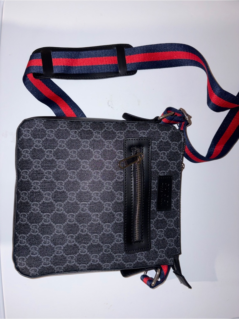 Gucci Men's Black & Gray Messenger Bag with Blue-Red Strap